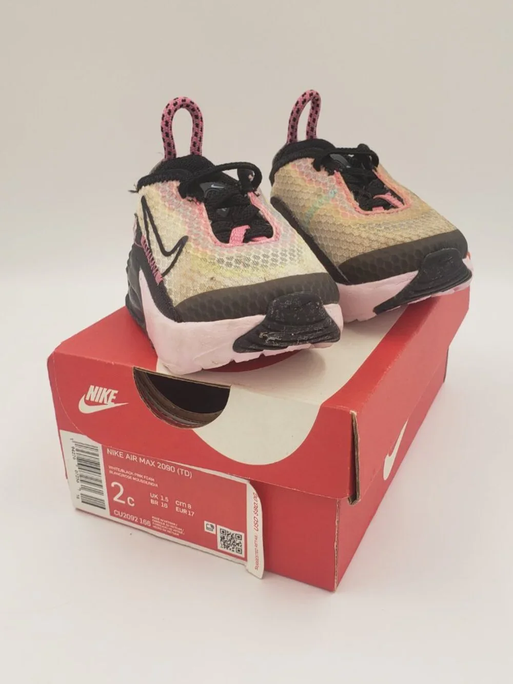 Nike Air Max 2090 (TD) Size 2C, White/Black-Pink Foam Plus Red Sequined Bow Shoe